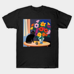 Black Cat with Colorful Flowers in a Vase Still Life Painting T-Shirt